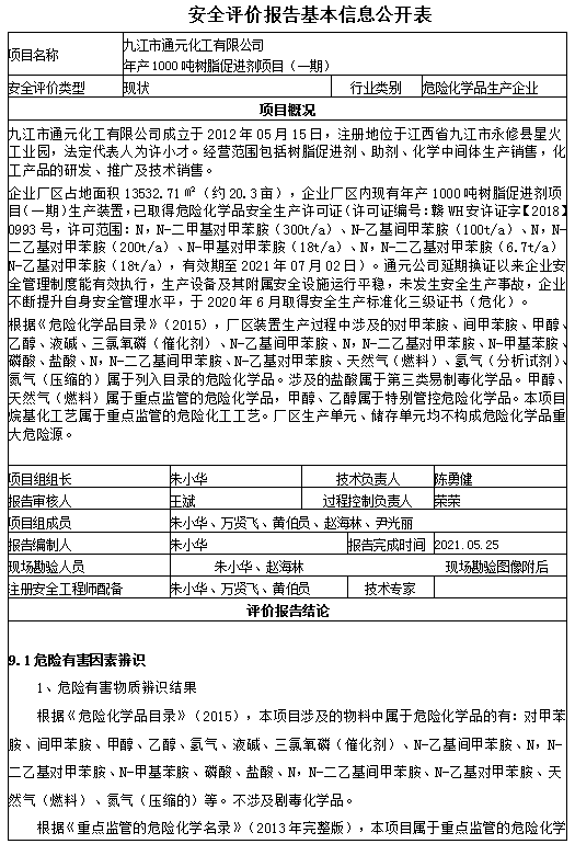 九江市通元化工有限公司年产1000吨树脂促进剂项目（一期）安全现状评价