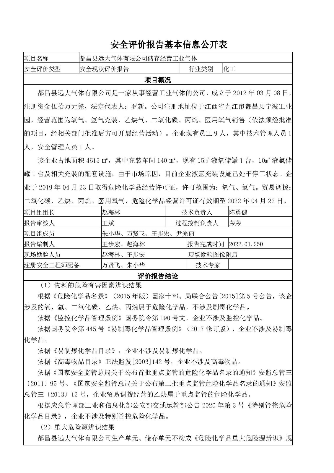 安全评价报告基本信息公开表（都昌远大气体）