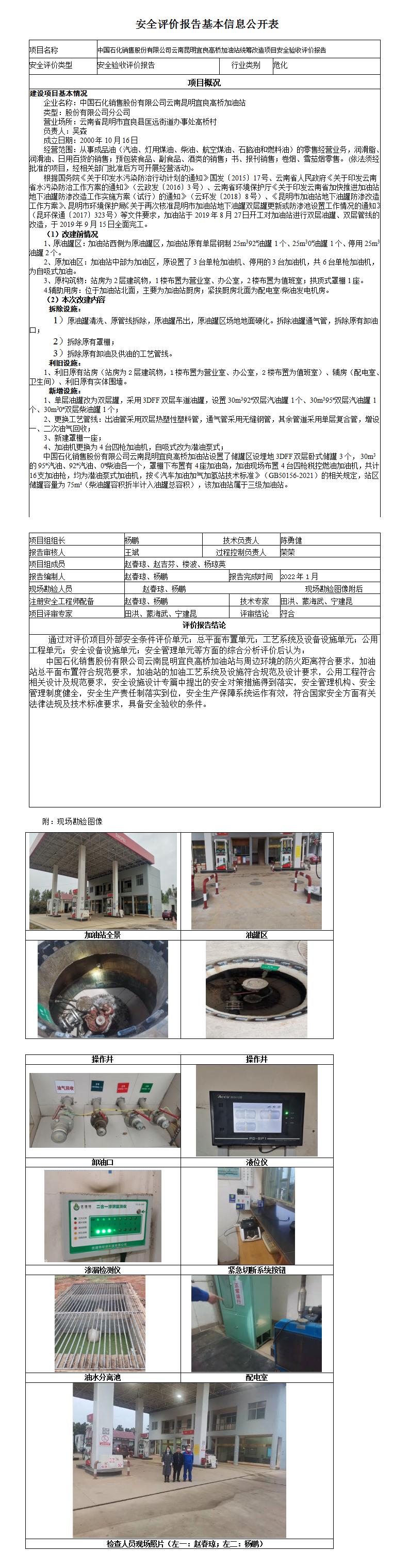 中石化高桥加油站安全评价报告基本信息公开表