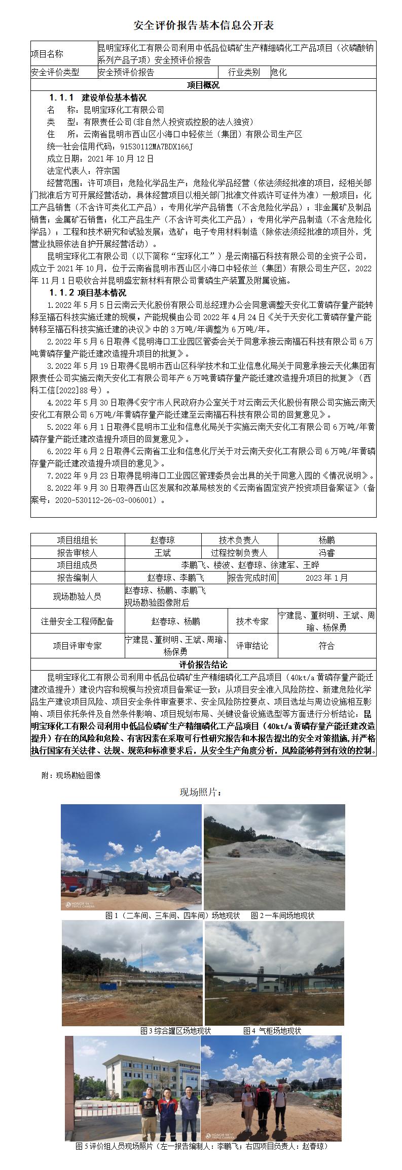 昆明宝琢化工有限公司利用中低品位磷矿生产精细磷化工产品项目（次磷酸钠系列产品子项）安全预评价报告