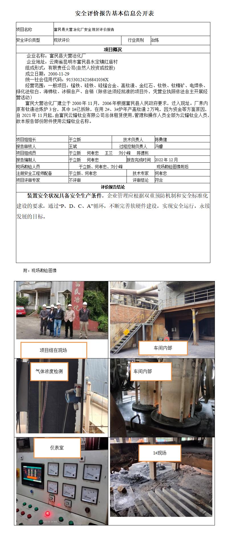 富民县大营冶化厂安全现状评价报告