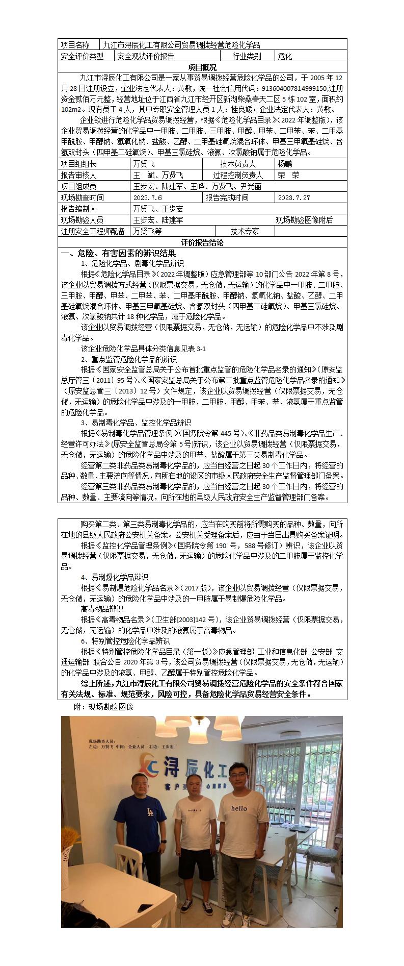 安全评价报告基本信息公开表(九江市浔辰化工有限公司)