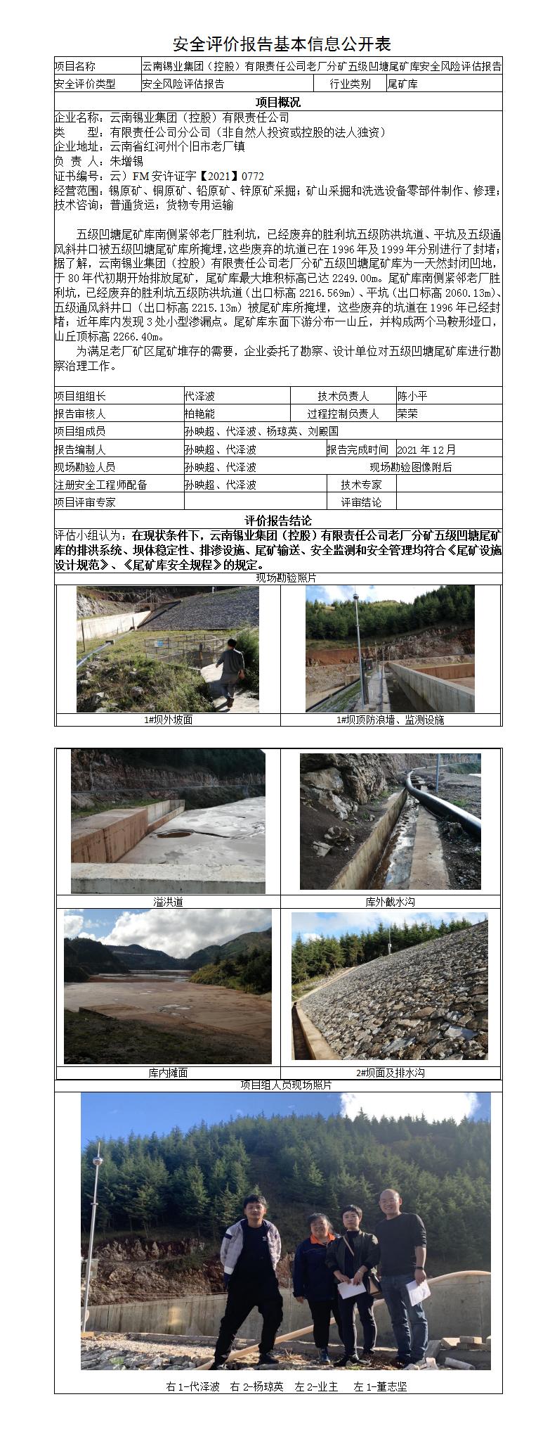 安全评价报告基本信息公开表（五级凹塘尾矿库治理工程）