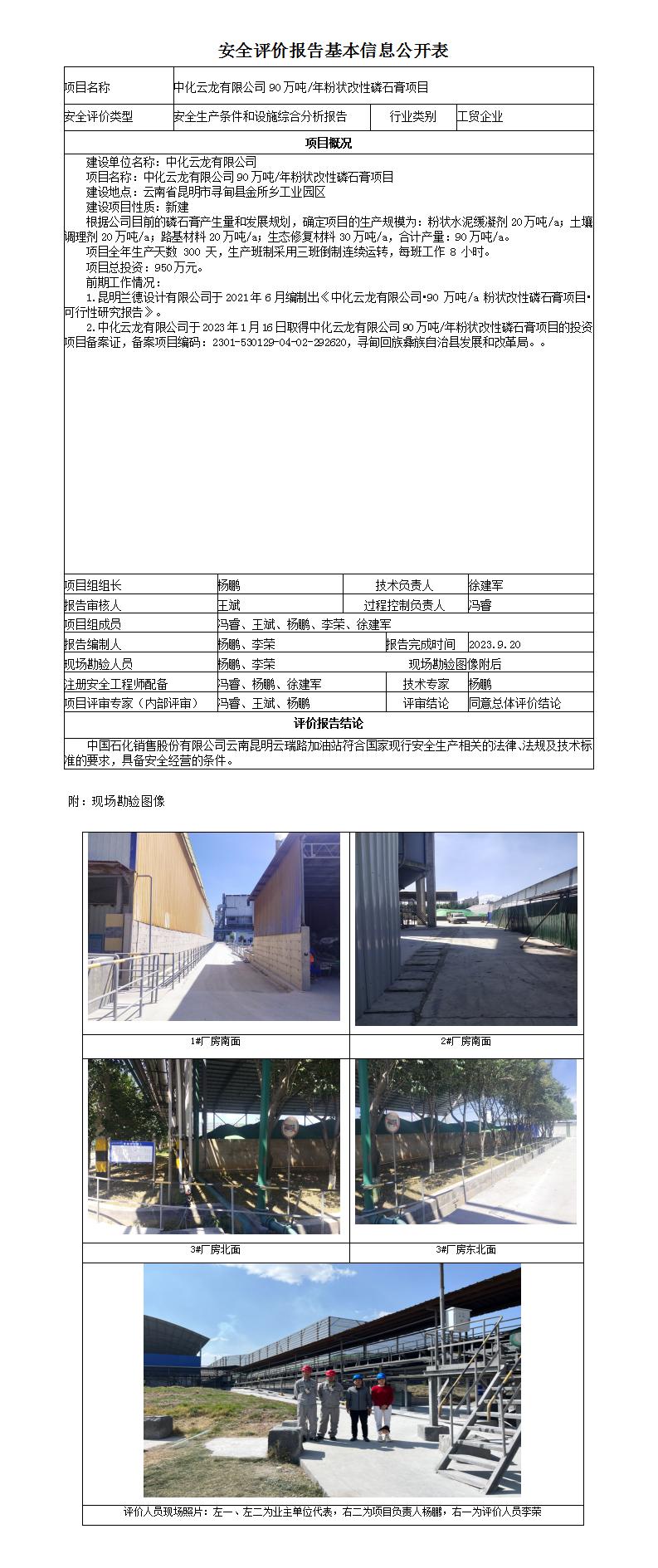 安全评价基本信息公开表中化云龙90万吨