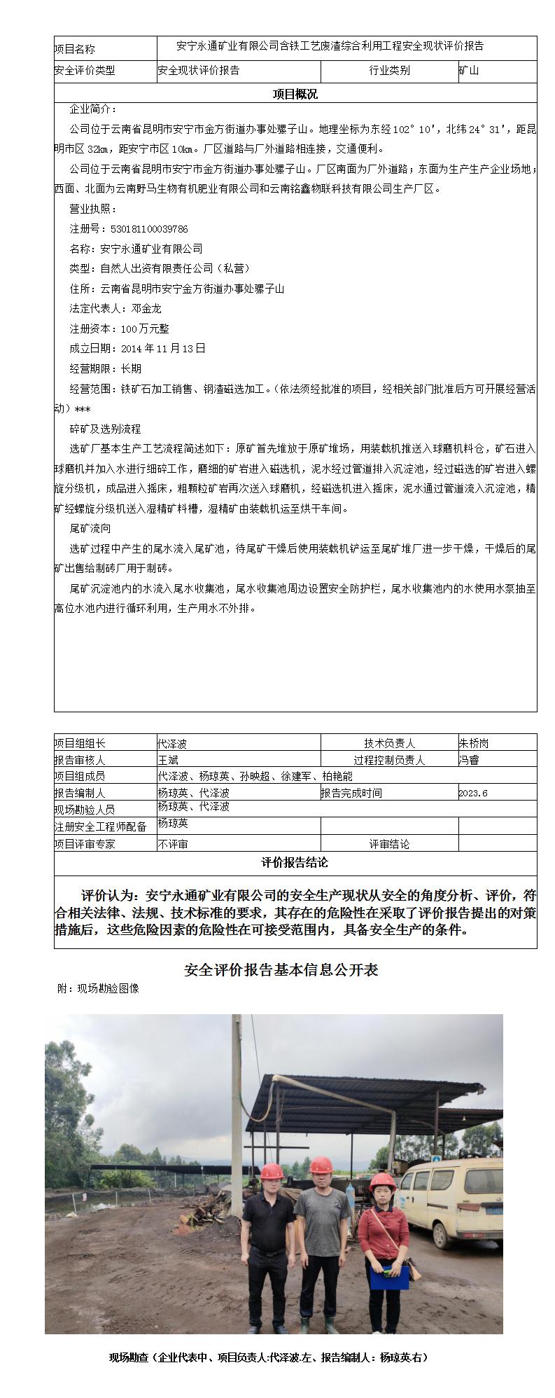 安全评价报告基本信息公开表（永通矿业安全现状评价报告）