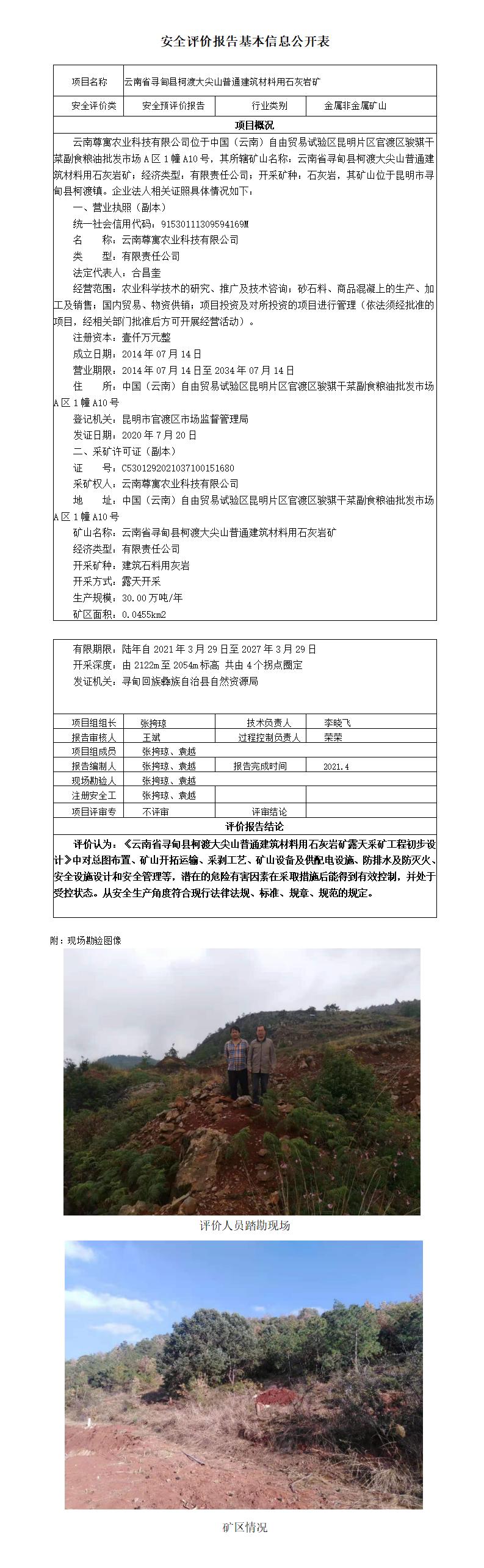 云南省寻甸县河口花山普通建筑材料用石灰岩矿安全预评价报告基本信息公开表