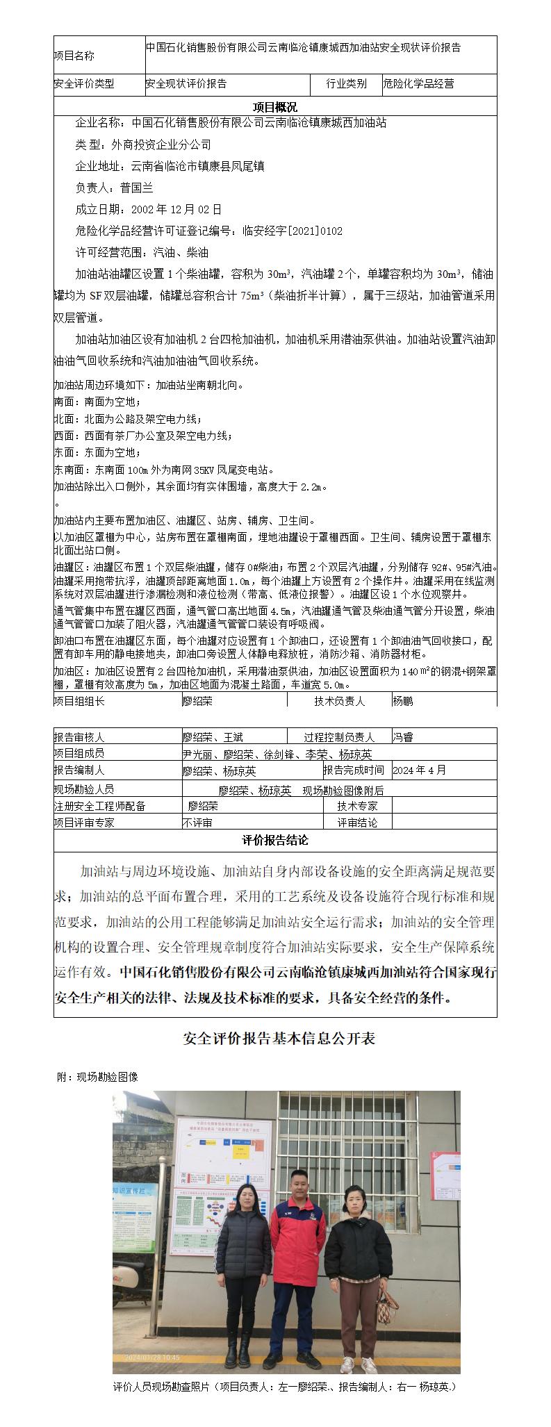 安全评价报告基本信息公开表（临沧镇康城西加油站现状评价)
