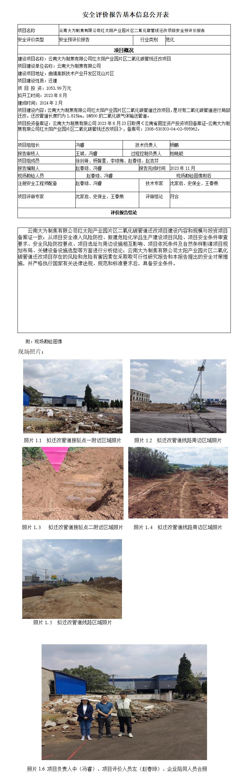 安全评价报告基本信息公开表（云南大为制焦有限公司红太阳产业园片区二氧化碳管道迁改项目安全预评）