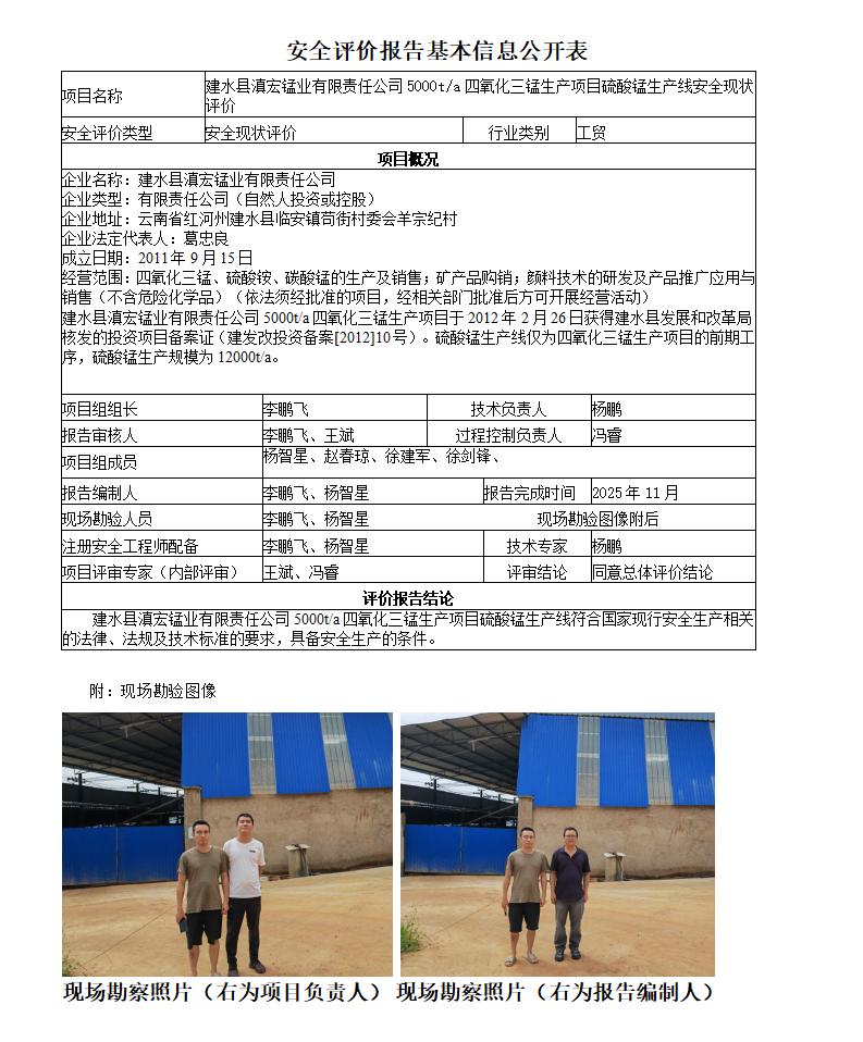 安全现状评价基本信息公开表建水县滇宏锰业有限责任公司现状